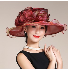 Wine red blue light pink black high quality organza rose floppy large brim vintage women's ladies bridal evening party dress Kentucky fashion sun hats church hats fedoras 